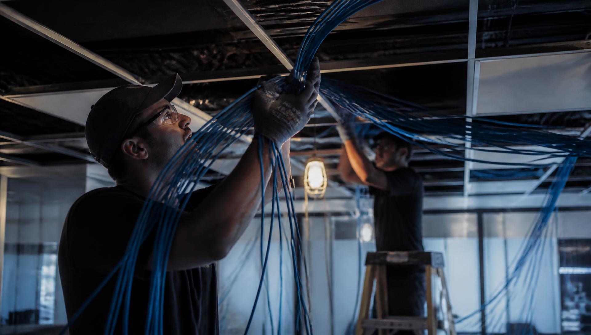 Technicians installing structured network cabling in a commercial building